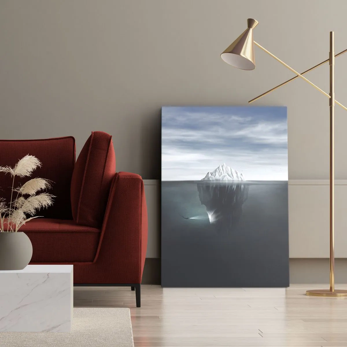 Quadro su tela - Stampe su Tela - Un iceberg in acqua con un sub e un riflettore sotto la superficie. - 50x70cm - Mistero sottomarino - Decorazione murale moderna per soggiorno e camera da letto ARTTOR
