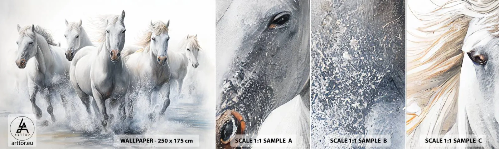 Campione Di Fotomurale Standard Eco - Magia bianca - Cavalli, Animali, Acquerello - 100x30 cm