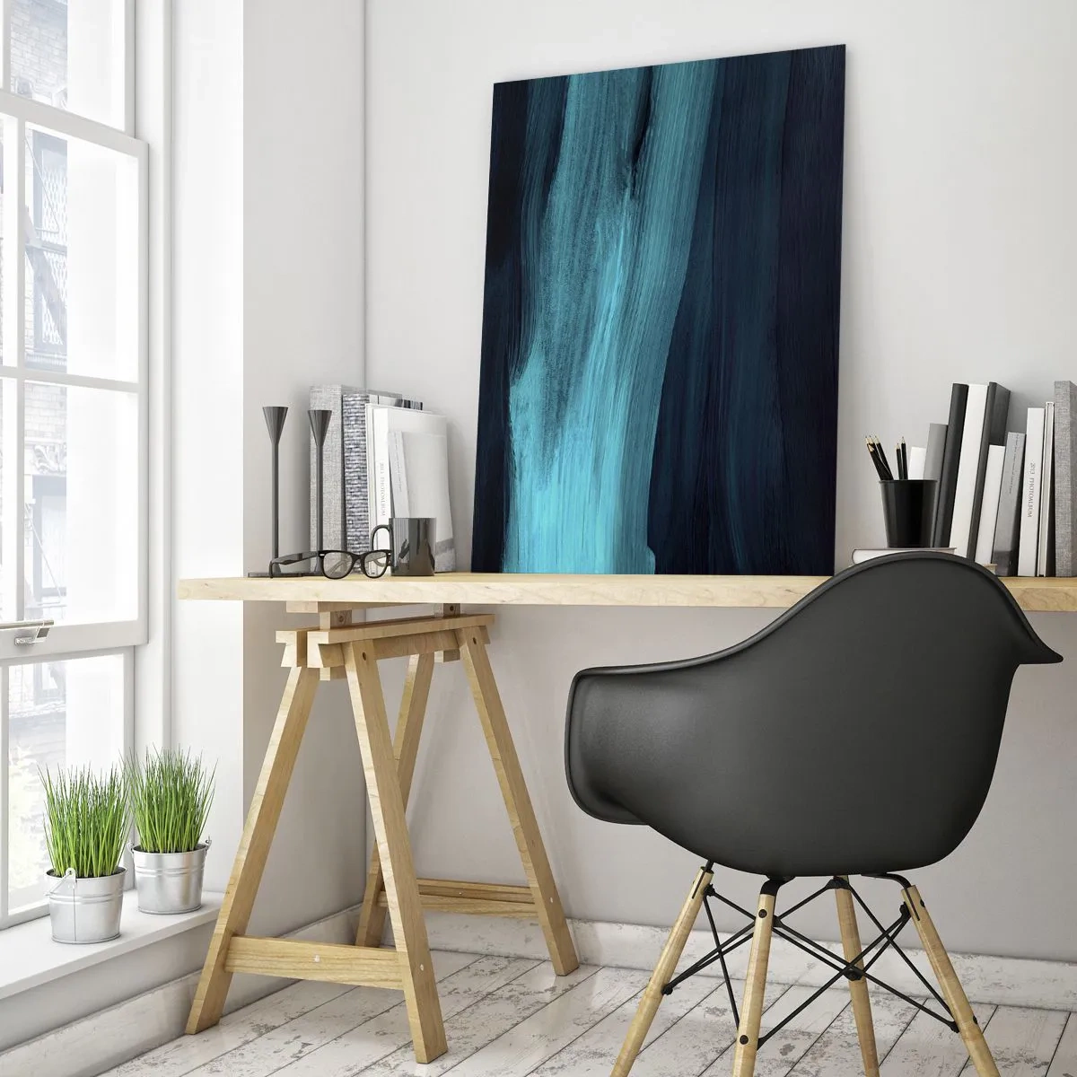 Quadro su vetro - Onda astratta nei toni del turchese e del blu navy - 50x70cm - Seguendo la corrente - Decorazione murale moderna per soggiorno e camera da letto ARTTOR