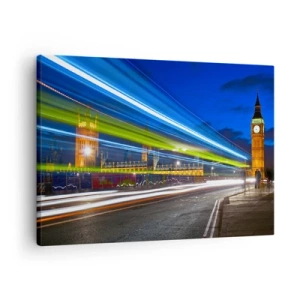 Quadro su tela - Stampe su Tela - Big Ben di notte con l'effetto delle luci nel traffico stradale - 70x50cm - Sotto lo sguardo del Big Ben - Decorazione murale moderna per soggiorno e camera da letto ARTTOR