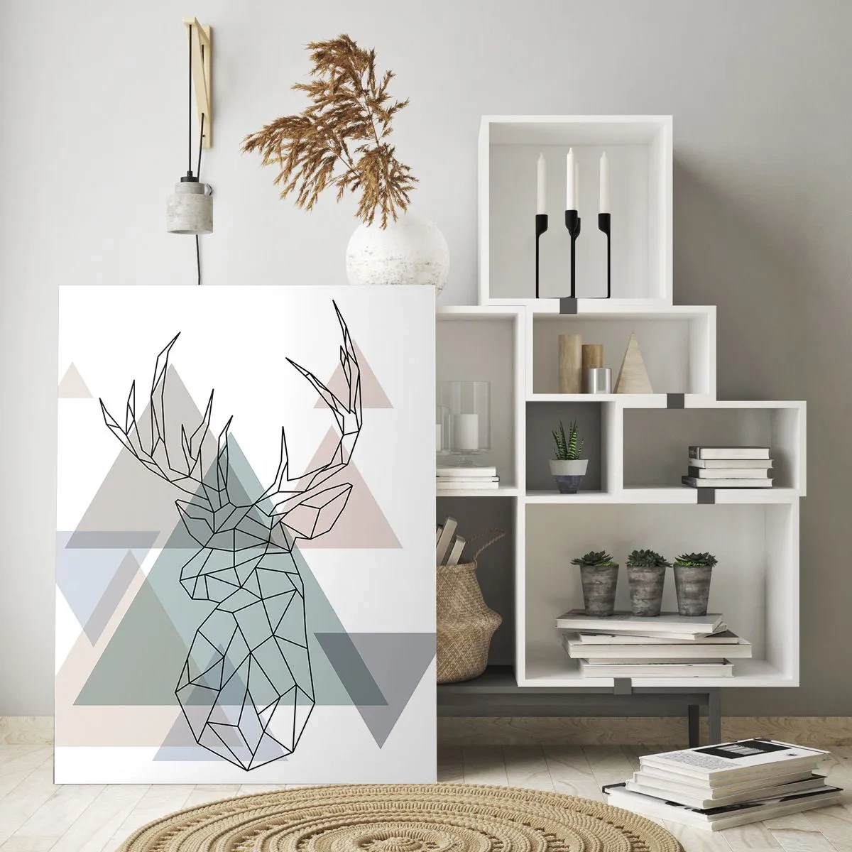 Quadro su vetro - Disegno geometrico di un cervo su uno sfondo di triangoli pastello - 50x70cm - Nel bosco geometrico - Decorazione murale moderna per soggiorno e camera da letto ARTTOR