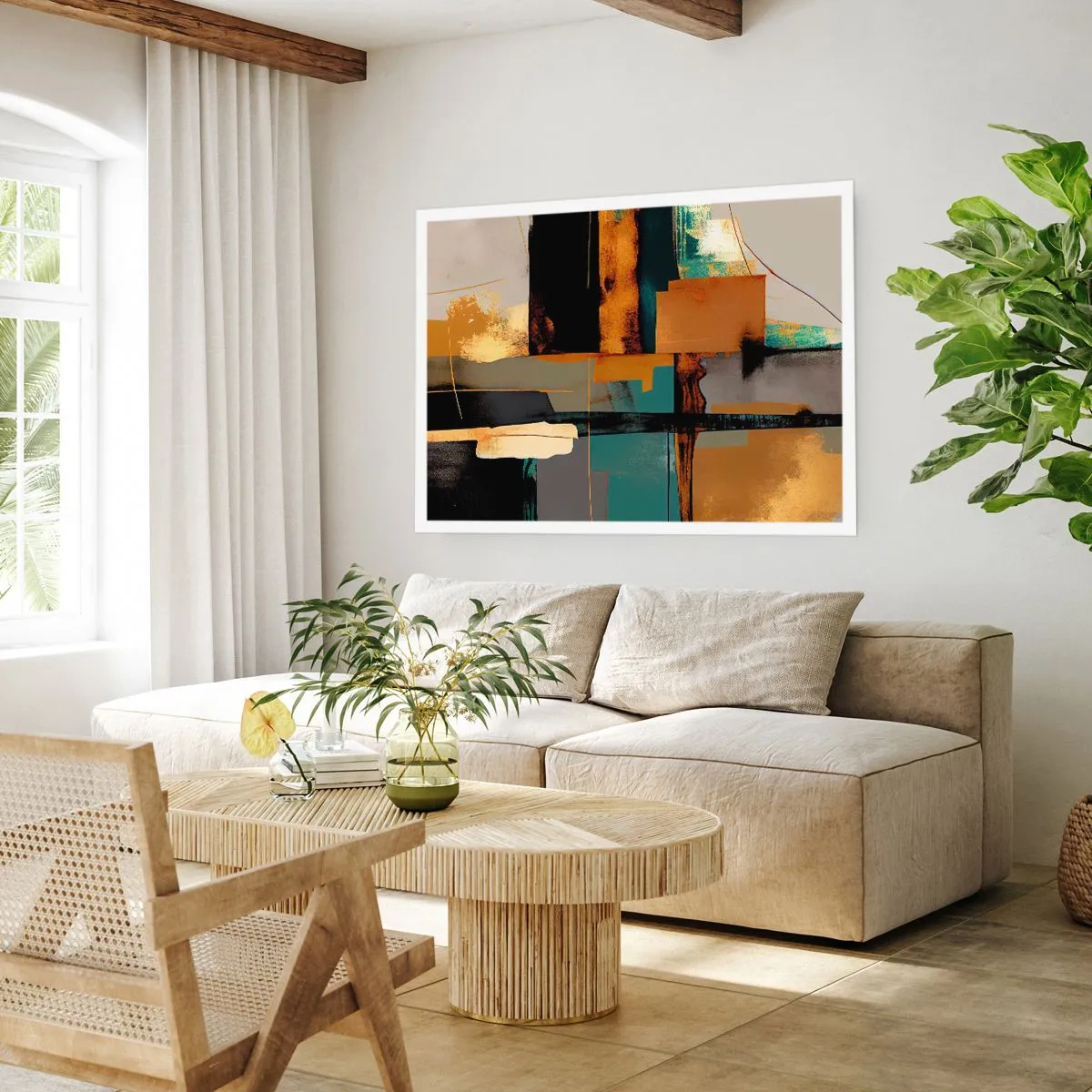 Poster - Composizione astratta con elementi in oro e turchese - 100x70cm - Astrazione: luci e ombre - Decorazione murale moderna per soggiorno e camera da letto ARTTOR