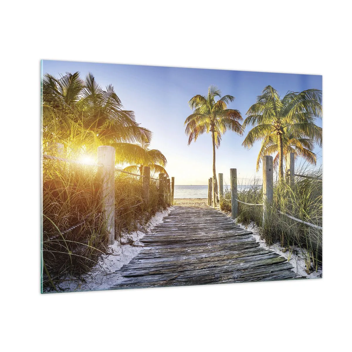 Quadro su vetro - Sentiero in legno sulla spiaggia circondato da palme - 100x70cm - Dritto in paradiso - Decorazione murale moderna per soggiorno e camera da letto ARTTOR