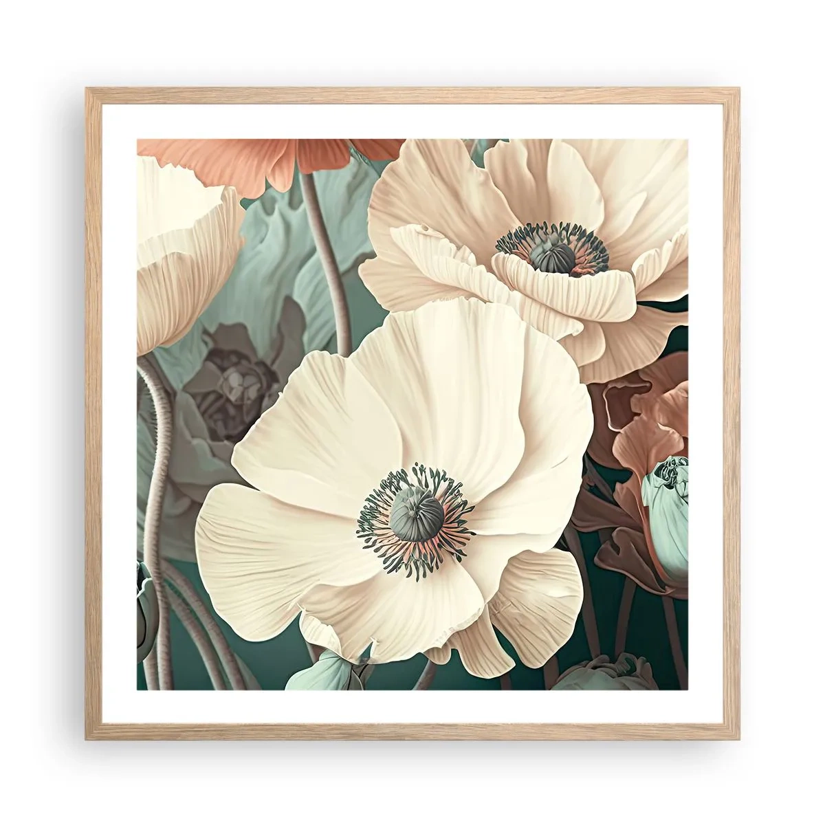 Poster in cornice rovere chiaro - Il sussurro dei papaveri - 60x60 cm