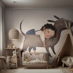 Fotomurali Premium Sand - Una ragazza che abbraccia un grosso cane in stile illustrazione. - 100x70cm - I migliori amici - Decorazione murale moderna per soggiorno e camera da letto ARTTOR
