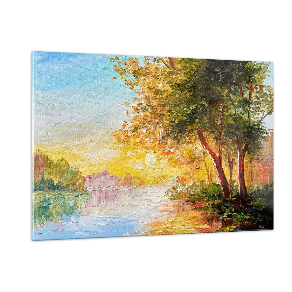 Quadro su vetro - Lago con alberi al tramonto - 120x80cm - Et in Arcadia ego - Decorazione murale moderna per soggiorno e camera da letto ARTTOR