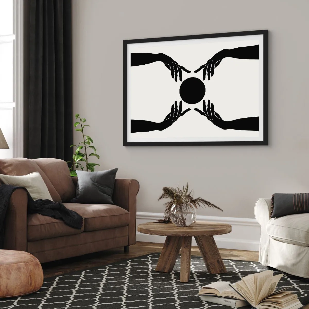 Poster in cornice nera - Mani nere in una composizione simmetrica con una palla - 70x50cm - Segno misterioso - Decorazione murale moderna per soggiorno e camera da letto ARTTOR