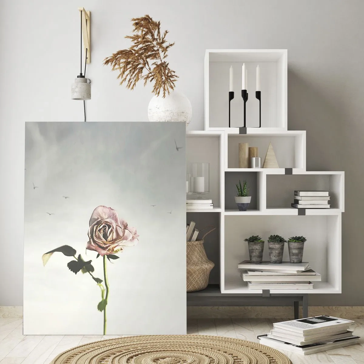 Quadro su vetro - Una rosa delicata contro un cielo luminoso con uccelli che volano - 70x100cm - Il benvenuto alla primavera - Decorazione murale moderna per soggiorno e camera da letto ARTTOR