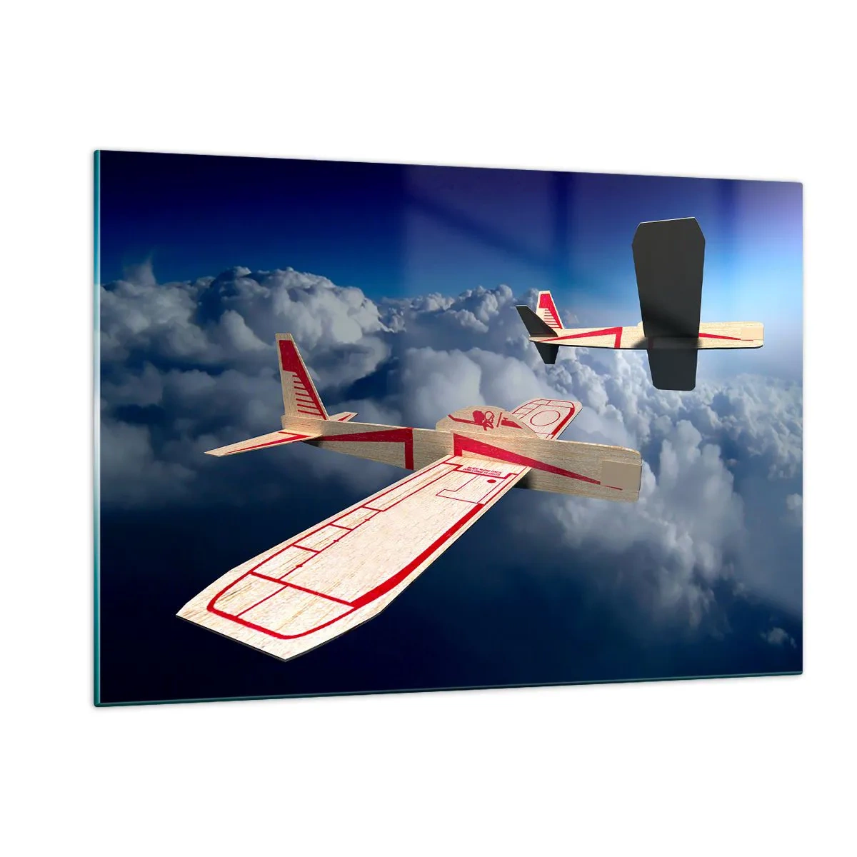 Quadro su vetro - Modellini di aeroplani che planano tra le nuvole - 120x80cm - Più in alto, più lontano - Decorazione murale moderna per soggiorno e camera da letto ARTTOR