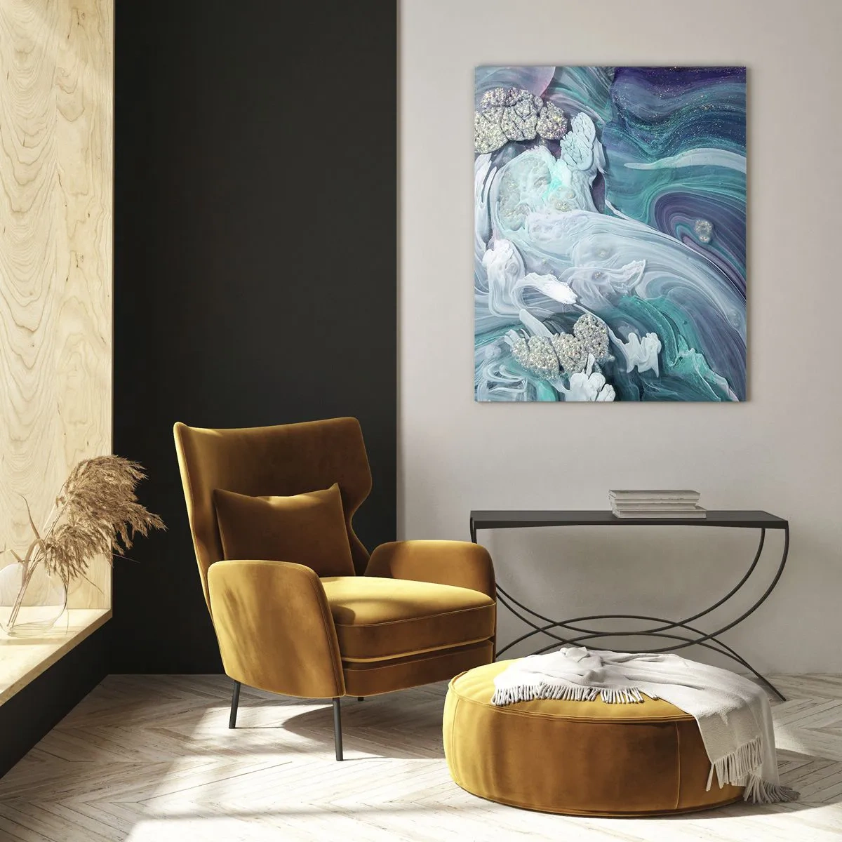 Quadro su vetro - Una composizione astratta nei toni del blu, viola e bianco. - 50x70cm - Correnti di blu - Decorazione murale moderna per soggiorno e camera da letto ARTTOR