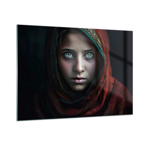 Quadro su vetro - Ritratto di una donna con una sciarpa rossa su uno sfondo scuro - 100x70cm - Principessa d'oriente - Decorazione murale moderna per soggiorno e camera da letto ARTTOR