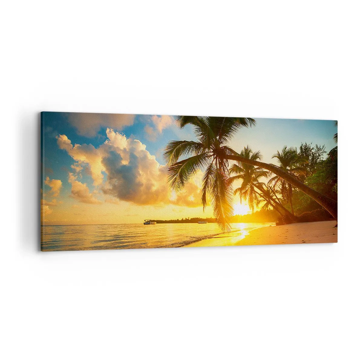 Quadro su tela - Stampe su Tela - Spiaggia al tramonto con palme in riva al mare - 120x50cm - Sogno dei Caraibi - Decorazione murale moderna per soggiorno e camera da letto ARTTOR