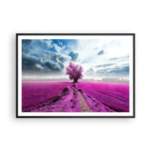 Poster in cornice nera - Un albero solitario in un campo in una tonalità di rosa intenso - 100x70cm - Brughiera selvatica - Decorazione murale moderna per soggiorno e camera da letto ARTTOR