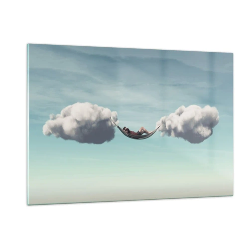 Quadro su vetro - Amache di nuvole in un cielo azzurro - 120x80cm - La felicità del momento - Decorazione murale moderna per soggiorno e camera da letto ARTTOR