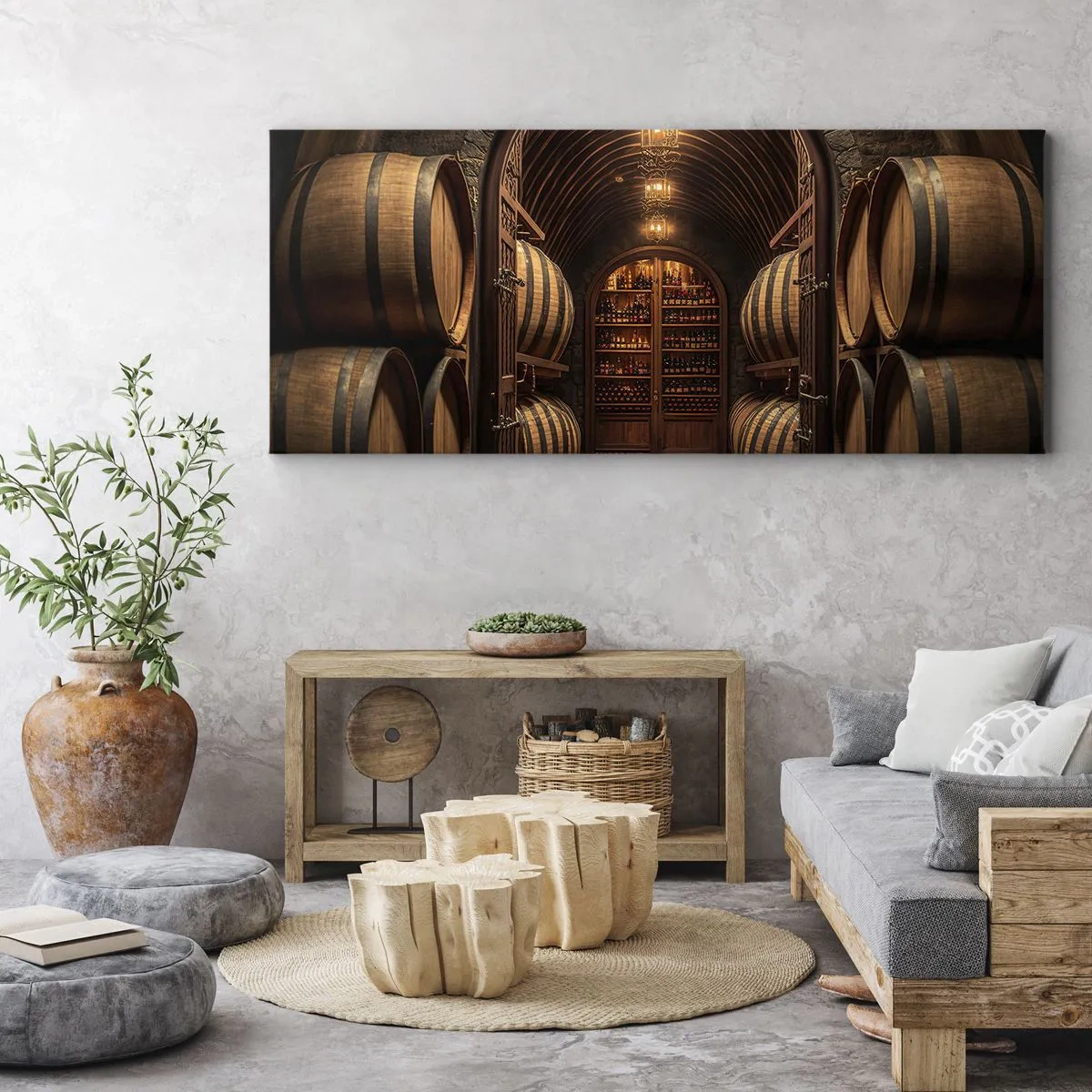 Quadro su tela - Stampe su Tela - Cantina con botti di legno e scaffali per il vino - 120x50cm - L'atmosfera della cantina - Decorazione murale moderna per soggiorno e camera da letto ARTTOR