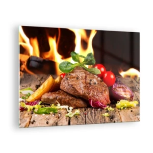 Quadro su vetro - Bistecca alla griglia con verdure sullo sfondo delle fiamme - 70x50cm - Incantate dal fuoco - Decorazione murale moderna per soggiorno e camera da letto ARTTOR