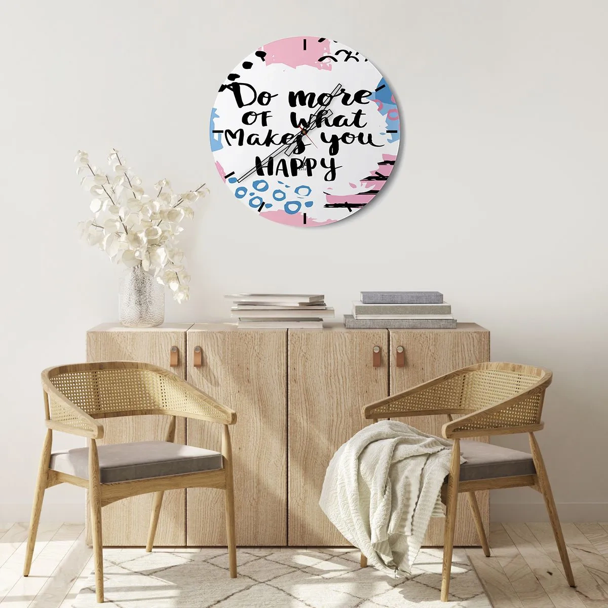 Orologio da parete - Orologio in Vetro - La scritta Fai di più di ciò che ti rende felice su uno sfondo chiaro - 30x30cm - Come essere felici - Decorazione murale moderna per soggiorno, cucina e camera da letto ARTTOR