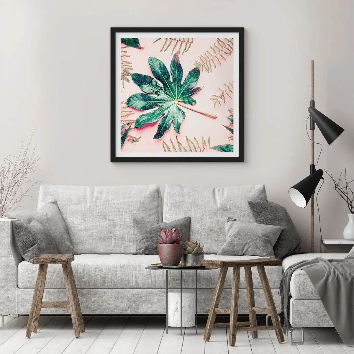 Poster in cornice nera - Studio di verde su sfondo rosa - 50x50 cm