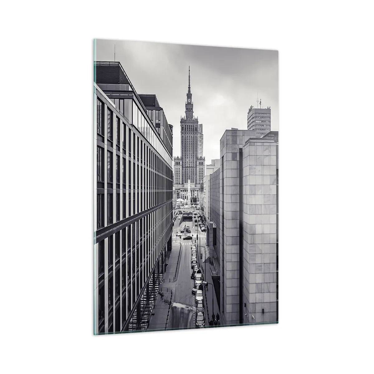 Quadro su vetro - Vista della città in bianco e nero con grattacieli e una strada - 50x70cm - La valle di Varsavia - Decorazione murale moderna per soggiorno e camera da letto ARTTOR