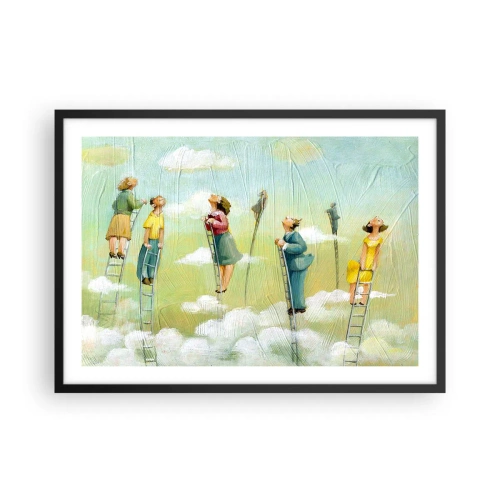 Poster in cornice nera - Figure che salgono scale tra le nuvole su uno sfondo pastello. - 70x50cm - Seguendo i propri sogni - Decorazione murale moderna per soggiorno e camera da letto ARTTOR