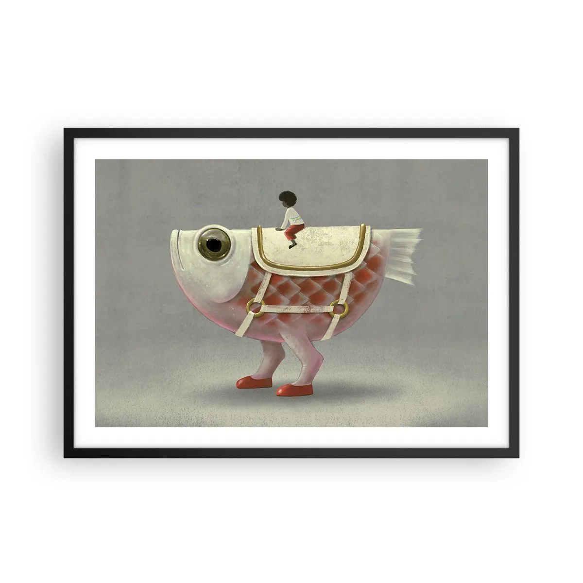 Poster in cornice nera - Un fantasioso cavaliere di pesce con gambe e sella - 70x50cm - Il cavaliere del pesce - Decorazione murale moderna per soggiorno e camera da letto ARTTOR