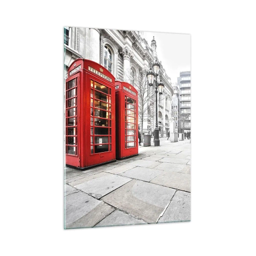 Quadro su vetro - Cabine telefoniche rosse sullo sfondo di una strada cittadina - 50x70cm - Welcome to London - Decorazione murale moderna per soggiorno e camera da letto ARTTOR