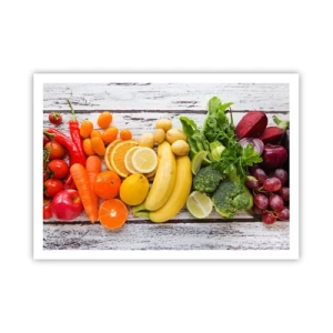Poster - Frutta e verdura colorate su uno sfondo di legno - 100x70cm - Non basta? - Decorazione murale moderna per soggiorno e camera da letto ARTTOR