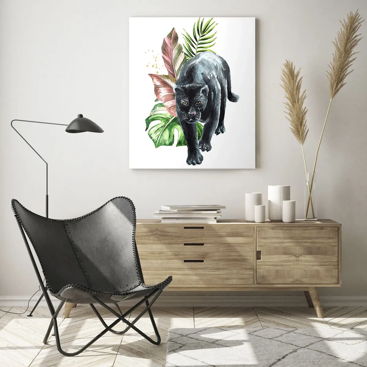Quadro su vetro - Pantera nera su uno sfondo di foglie tropicali in stile acquerello - 50x70cm - Cuore selvaggio - Decorazione murale moderna per soggiorno e camera da letto ARTTOR