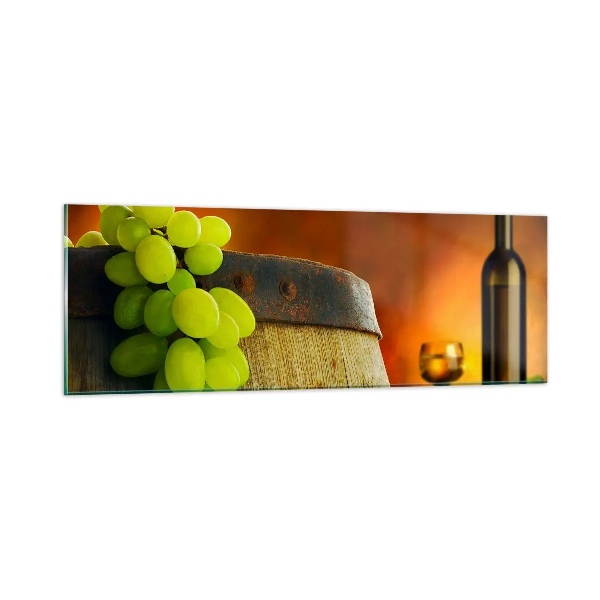 Quadro su vetro - Natura morta con bottiglia di vino e acini d'uva - 90x30 cm
