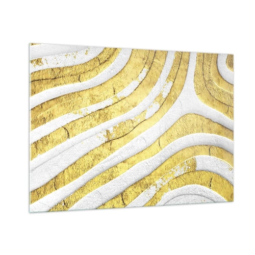Quadro su vetro - Onde astratte dorate e bianche con effetto materico - 100x70cm - Composizione in bianco e oro - Decorazione murale moderna per soggiorno e camera da letto ARTTOR