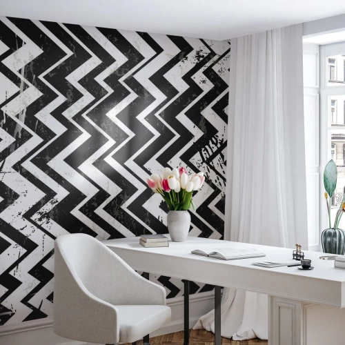 Fotomurali Standard Eco - Motivo a zigzag bianco e nero con effetto invecchiato - 100x70cm - Zig-bianco, zag-nero - Decorazione murale moderna per soggiorno e camera da letto ARTTOR