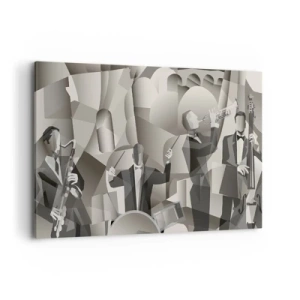 Quadro su tela - Stampe su Tela - Scena astratta con musicisti jazz in tonalità di grigio. - 120x80cm - Nello spazio dei suono - Decorazione murale moderna per soggiorno e camera da letto ARTTOR
