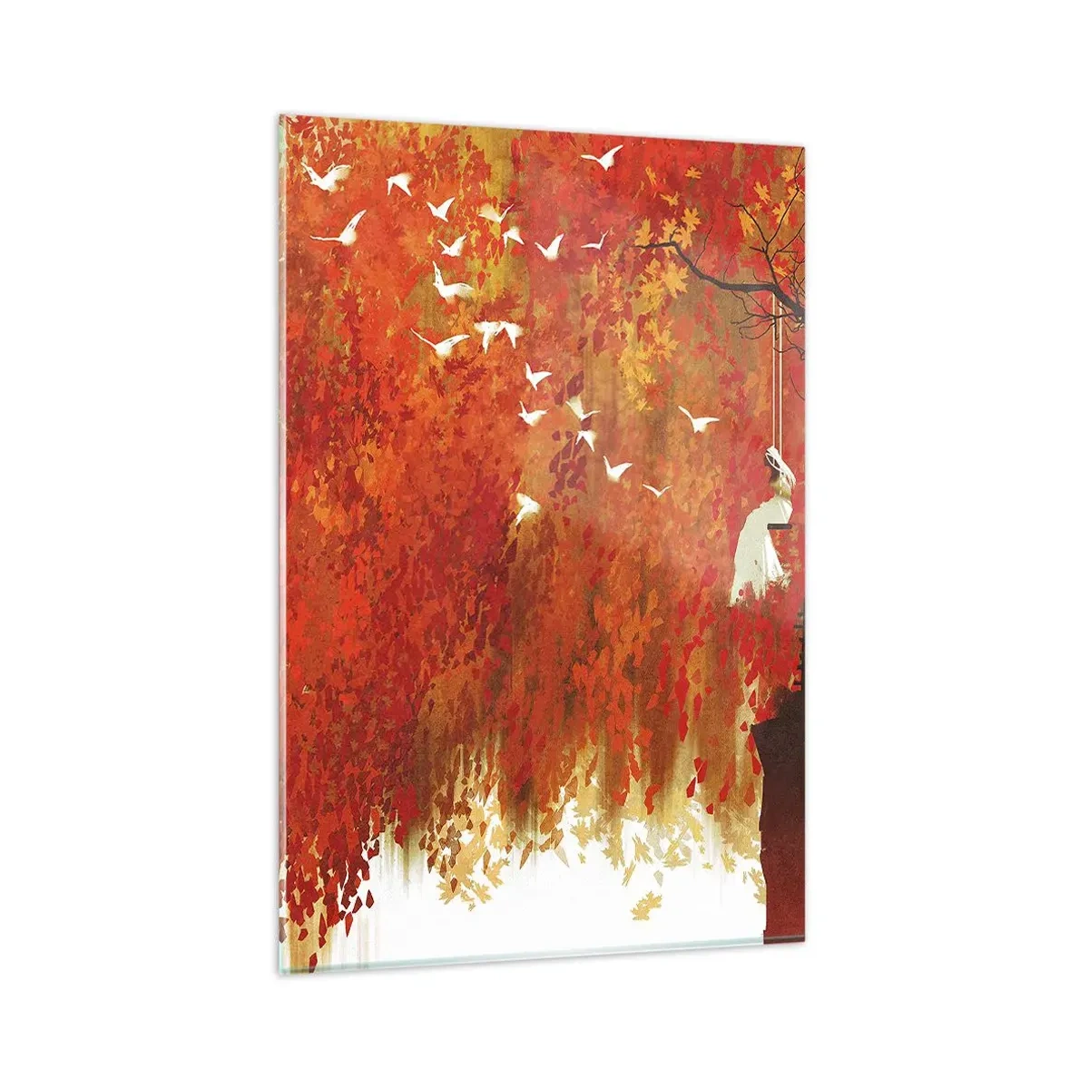 Quadro su vetro - Una figura su un'altalena vicino a un albero circondata da foglie rosse - 80x120cm - Voli con noi? - Decorazione murale moderna per soggiorno e camera da letto ARTTOR