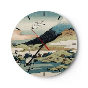 Orologio da parete - Orologio in Vetro - Scena giapponese con uccelli sullo sfondo di un paesaggio montano - 30x30cm - Nello spirito giapponese - Decorazione murale moderna per soggiorno, cucina e camera da letto ARTTOR