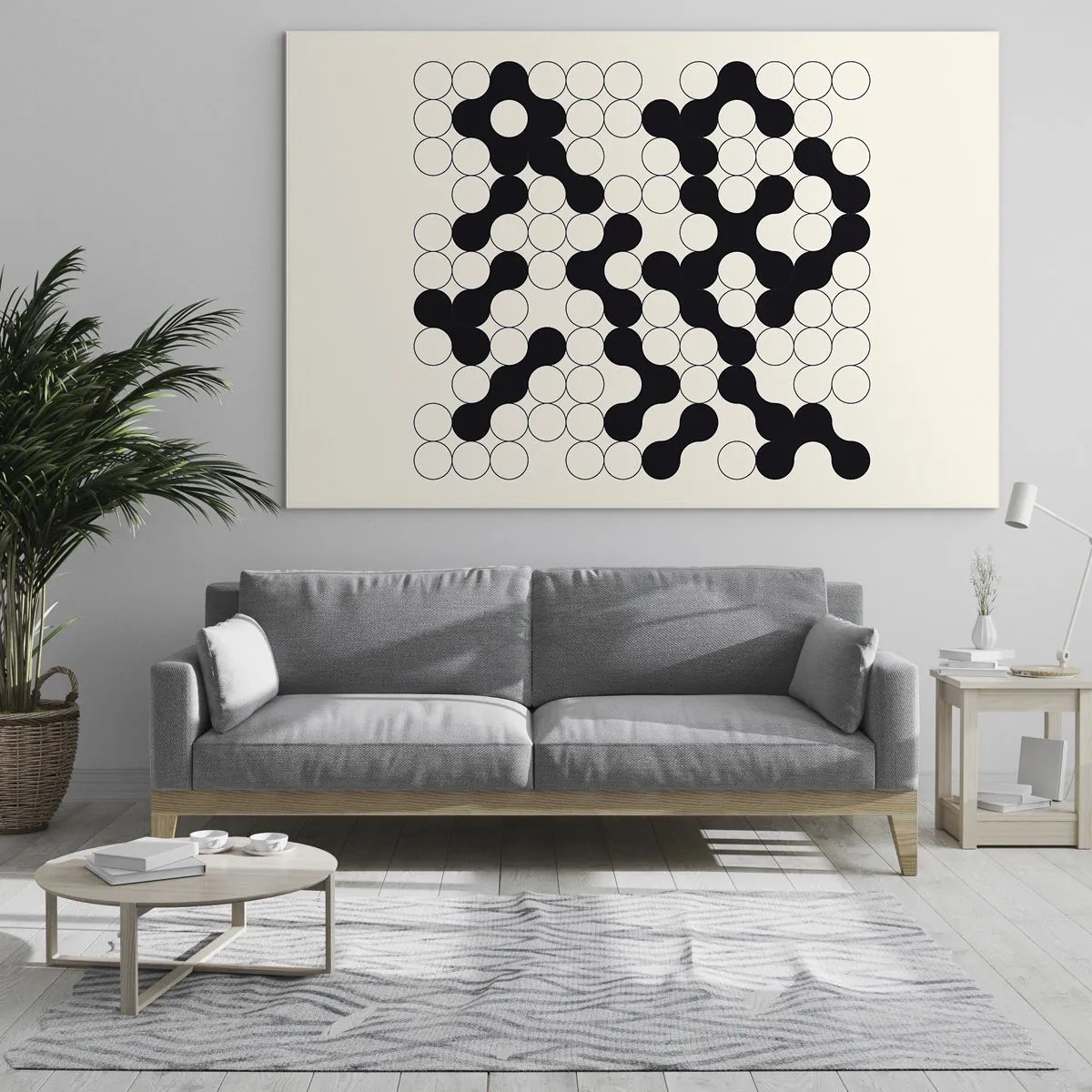 Quadro su vetro - Un mosaico grafico in bianco e nero composto da punti collegati. - 70x50cm - Gioco cinese: variazione - Decorazione murale moderna per soggiorno e camera da letto ARTTOR