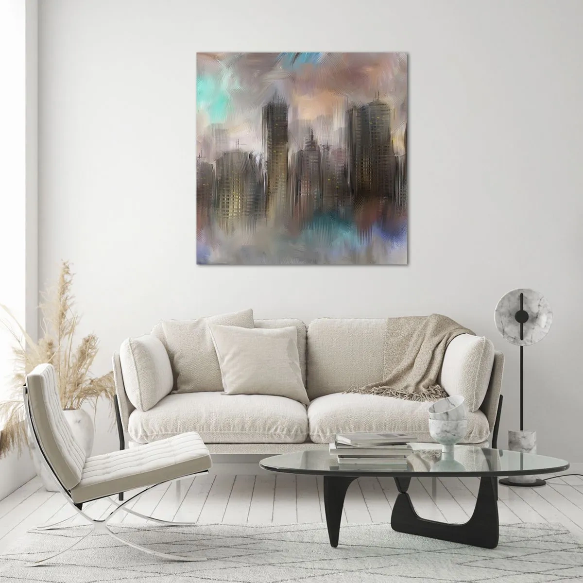 Quadro su vetro - Composizione con acciaio, pietra e nebbia - 70x70 cm