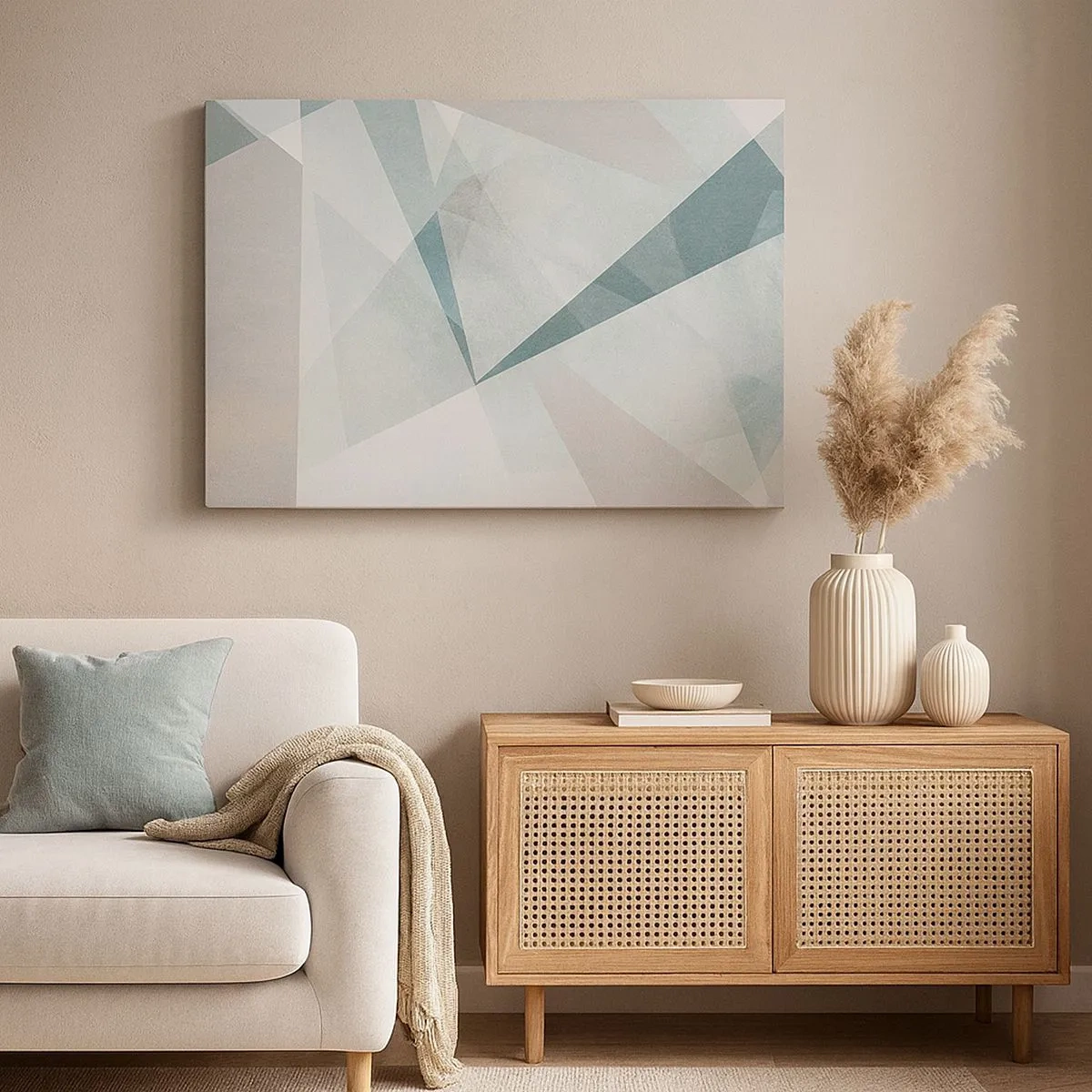 Quadro su tela - Stampe su Tela - Forme geometriche in tonalità pastello di blu e grigio - 70x50cm - Con calma ma dinamicamente - Decorazione murale moderna per soggiorno e camera da letto ARTTOR