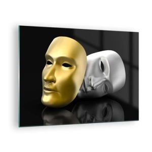 Quadro su vetro - Maschera in oro e argento su sfondo nero - 70x50cm - La vita è teatro - Decorazione murale moderna per soggiorno e camera da letto ARTTOR