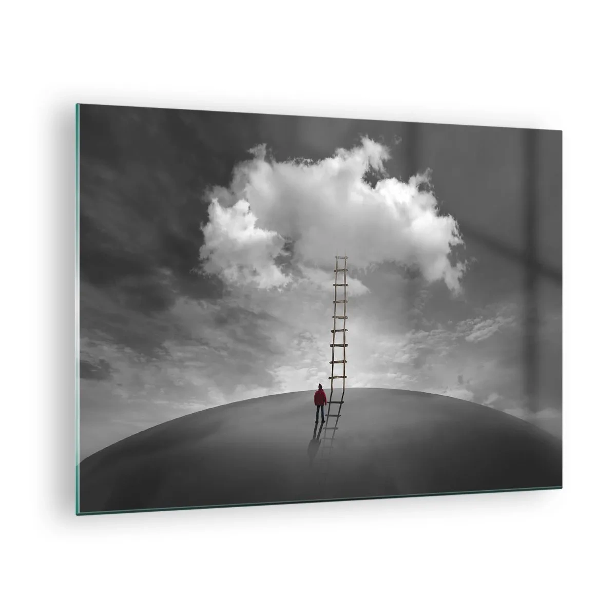Quadro su vetro - Una persona guarda una scala che porta a una nuvola. - 70x50cm - Tutto è possibile - Decorazione murale moderna per soggiorno e camera da letto ARTTOR