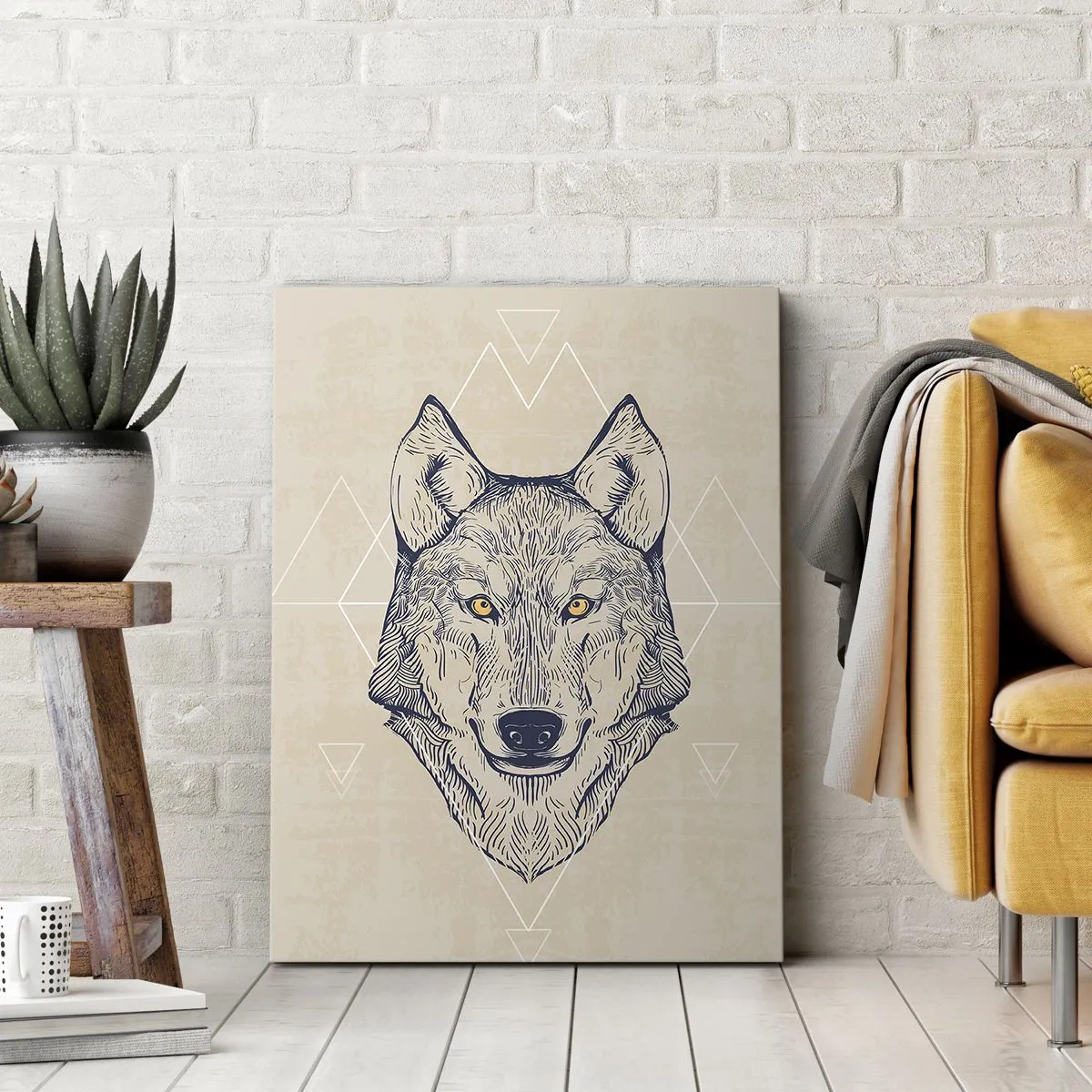 Quadro su tela - Stampe su Tela - Un lupo geometrico su uno sfondo chiaro con motivi minimalisti. - 80x120cm - Alfa dallo sguardo penetrante - Decorazione murale moderna per soggiorno e camera da letto ARTTOR