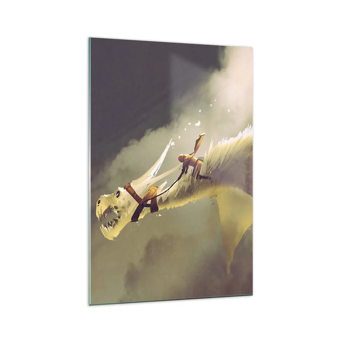 Quadro su vetro - Illustrazione di un cavaliere di draghi in un paesaggio fantasy nuvoloso - 70x100cm - Per salvare il mondo - Decorazione murale moderna per soggiorno e camera da letto ARTTOR