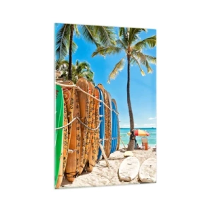 Quadro su vetro - Tavole da surf su una spiaggia con palme - 70x100cm - Divertimento sotto il sole - Decorazione murale moderna per soggiorno e camera da letto ARTTOR