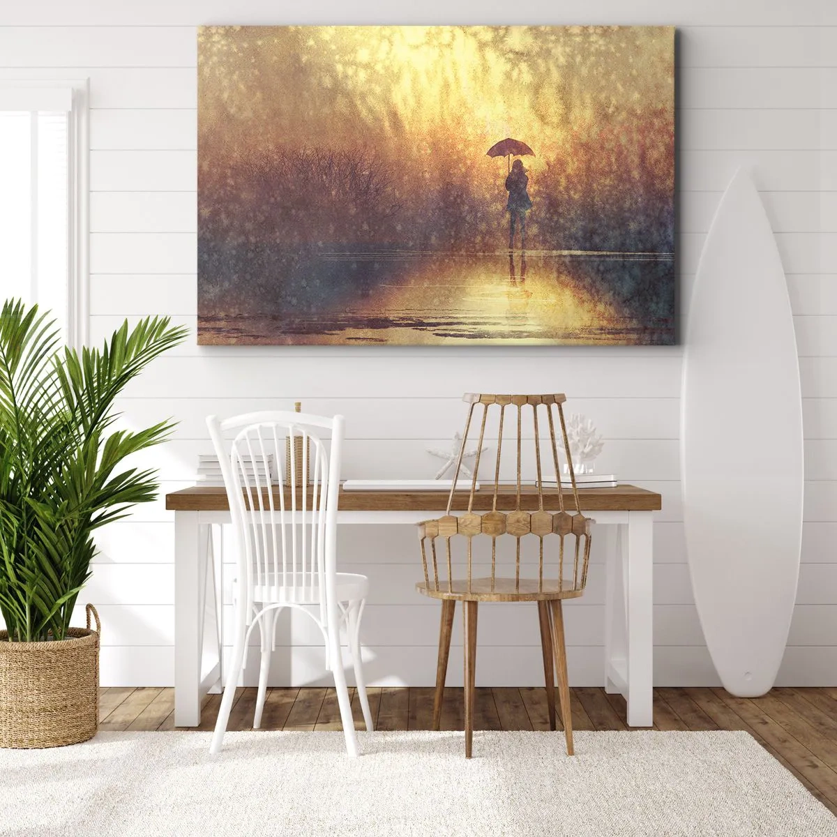 Quadro su tela - Stampe su Tela - Una figura con un ombrello in un paesaggio nebbioso pieno di riflessi - 100x70cm - Sento che qualcuno mi guarda - Decorazione murale moderna per soggiorno e camera da letto ARTTOR
