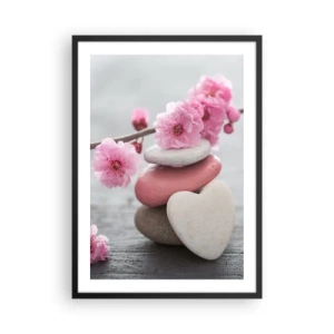 Poster in cornice nera - Pietre a forma di cuore con fiori di ciliegio rosa - 50x70cm - Serenità con fiori di ciliegio - Decorazione murale moderna per soggiorno e camera da letto ARTTOR