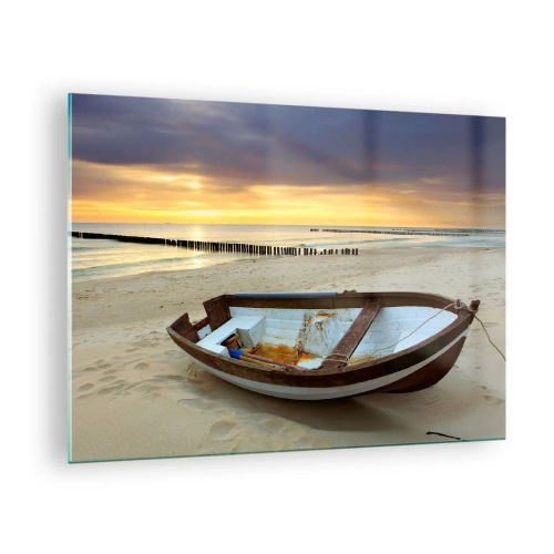 Quadro su vetro - Una barca su una spiaggia sabbiosa all'alba - 70x50cm - Non vi sono spiagge più belle - Decorazione murale moderna per soggiorno e camera da letto ARTTOR