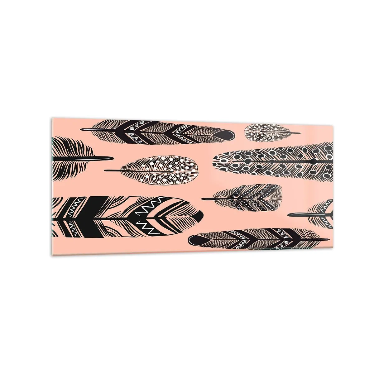 Quadro su vetro - Piume decorative su sfondo chiaro - 120x50cm - Collezione indiana - Decorazione murale moderna per soggiorno e camera da letto ARTTOR