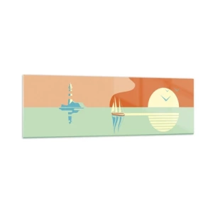 Quadro su vetro - Un paesaggio marino minimalista con una barca a vela e un tramonto - 160x50cm - Ideale paesaggio marittimo - Decorazione murale moderna per soggiorno e camera da letto ARTTOR