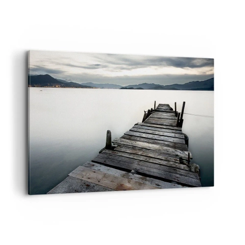 Quadro su tela - Stampe su Tela - Un ponte di legno che conduce verso un lago tranquillo - 100x70cm - Immergersi nella tranquillità - Decorazione murale moderna per soggiorno e camera da letto ARTTOR