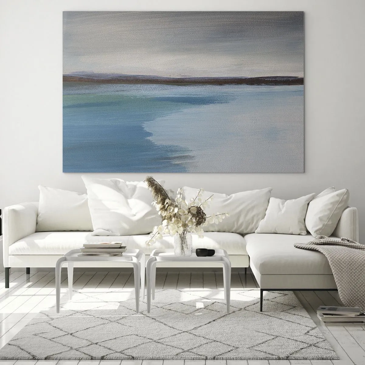Quadro su vetro - Un paesaggio tranquillo con acqua e colline in lontananza nei toni pastello. - 70x50cm - Paesaggio orizzontale - Decorazione murale moderna per soggiorno e camera da letto ARTTOR