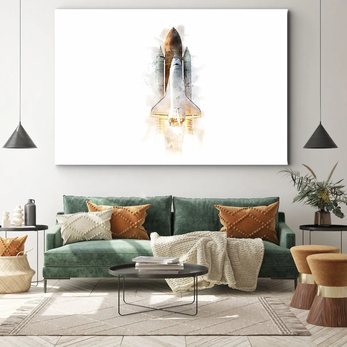 Quadro su tela - Stampe su Tela - Un'interpretazione artistica ad acquerello di uno space shuttle in decollo - 70x50cm - La partenza degli esploratori - Decorazione murale moderna per soggiorno e camera da letto ARTTOR